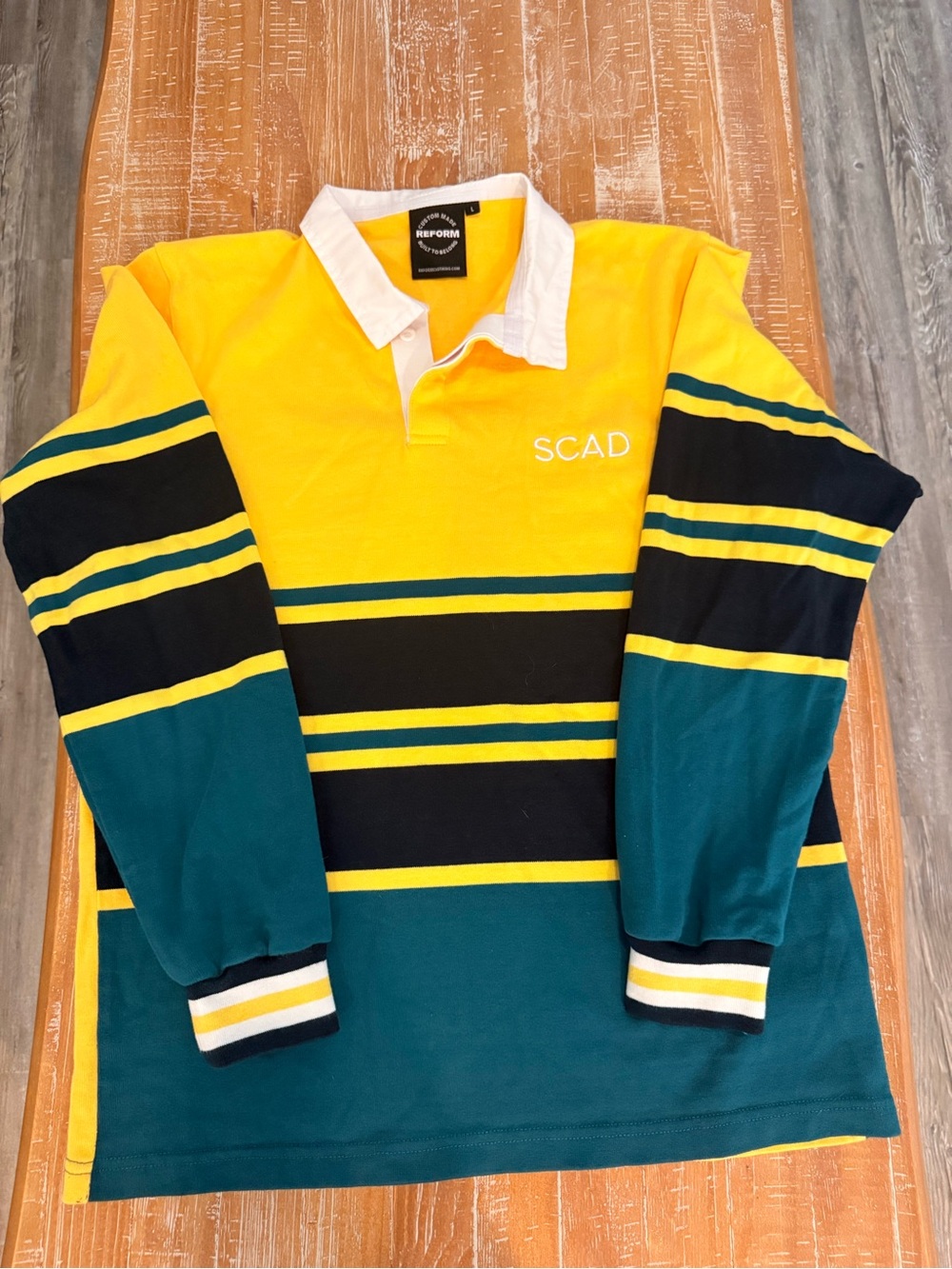 Polo Ralph Laurent Inspired Yellow, Teal & Black Striped Rugby Polo. Size L